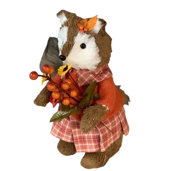 Rustic Woodland Fox Figurine Decor Plaid Dress Fall Flowers 9” Faux Fur Tail NEW - Picture 3 of 6